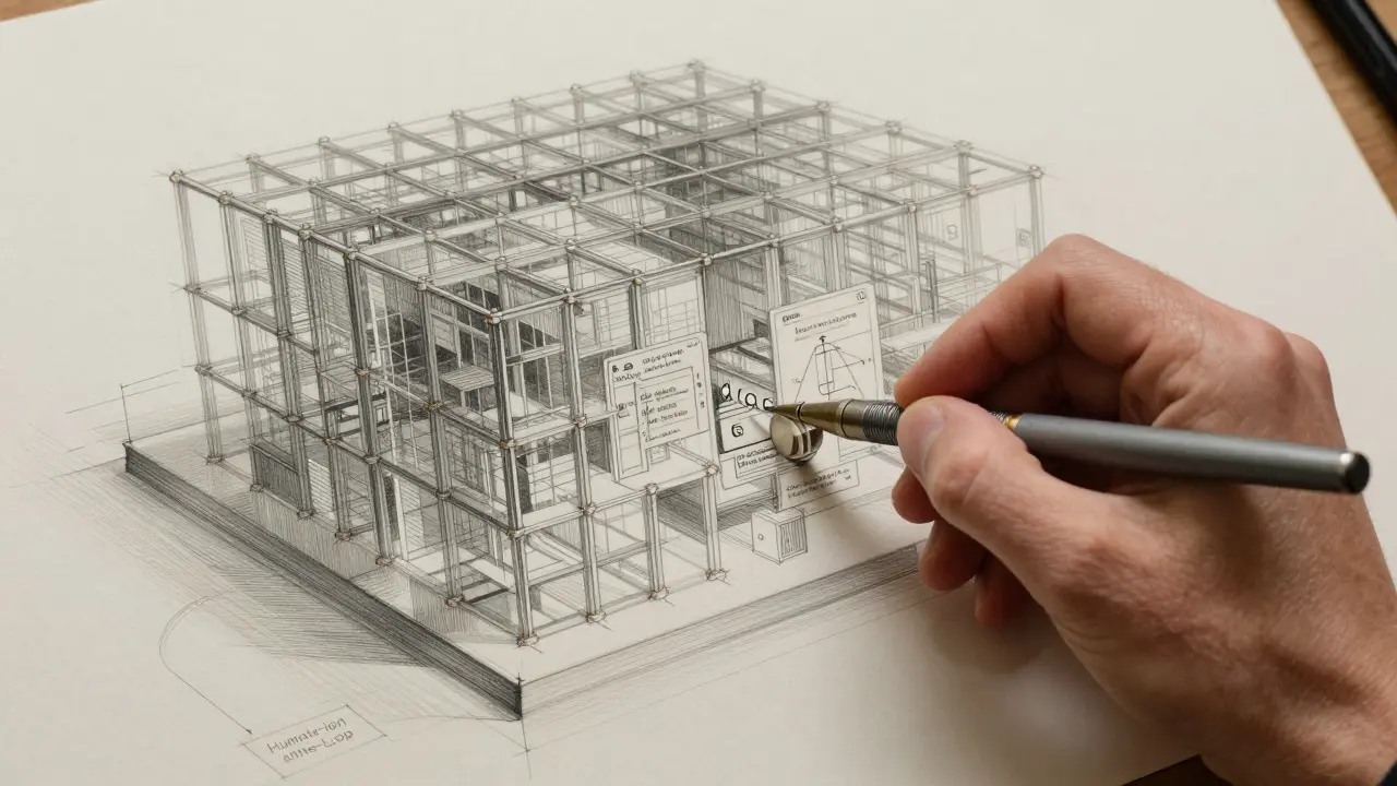 Metalpoint sketch of a human designer refining a large, AI-generated digital interface scaffold.