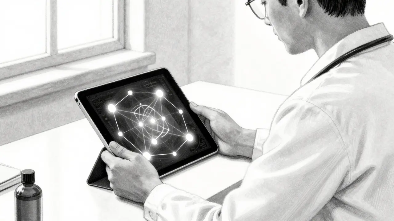 Professional reviewing abstract highlighted data patterns on a tablet screen.