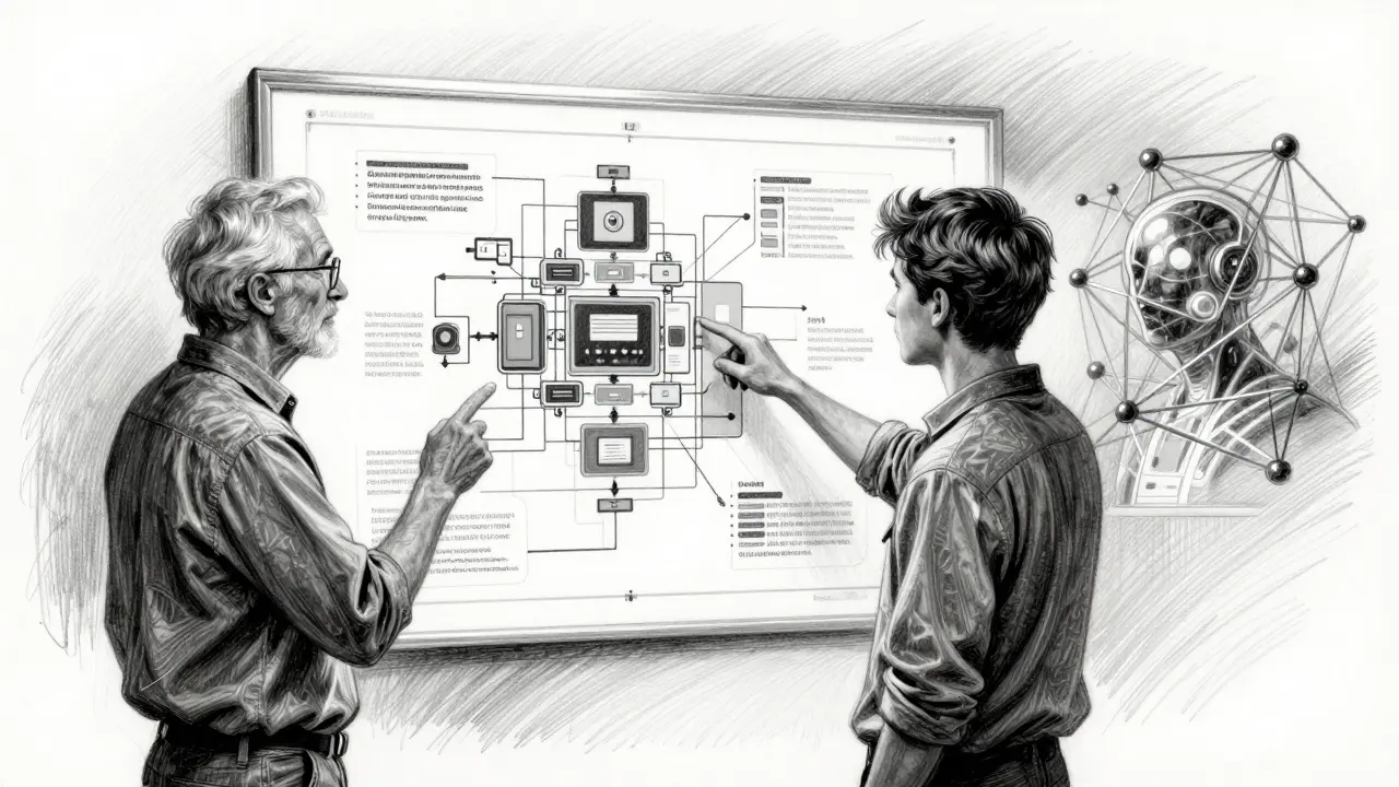 Senior and junior developers discussing system architecture with AI support
