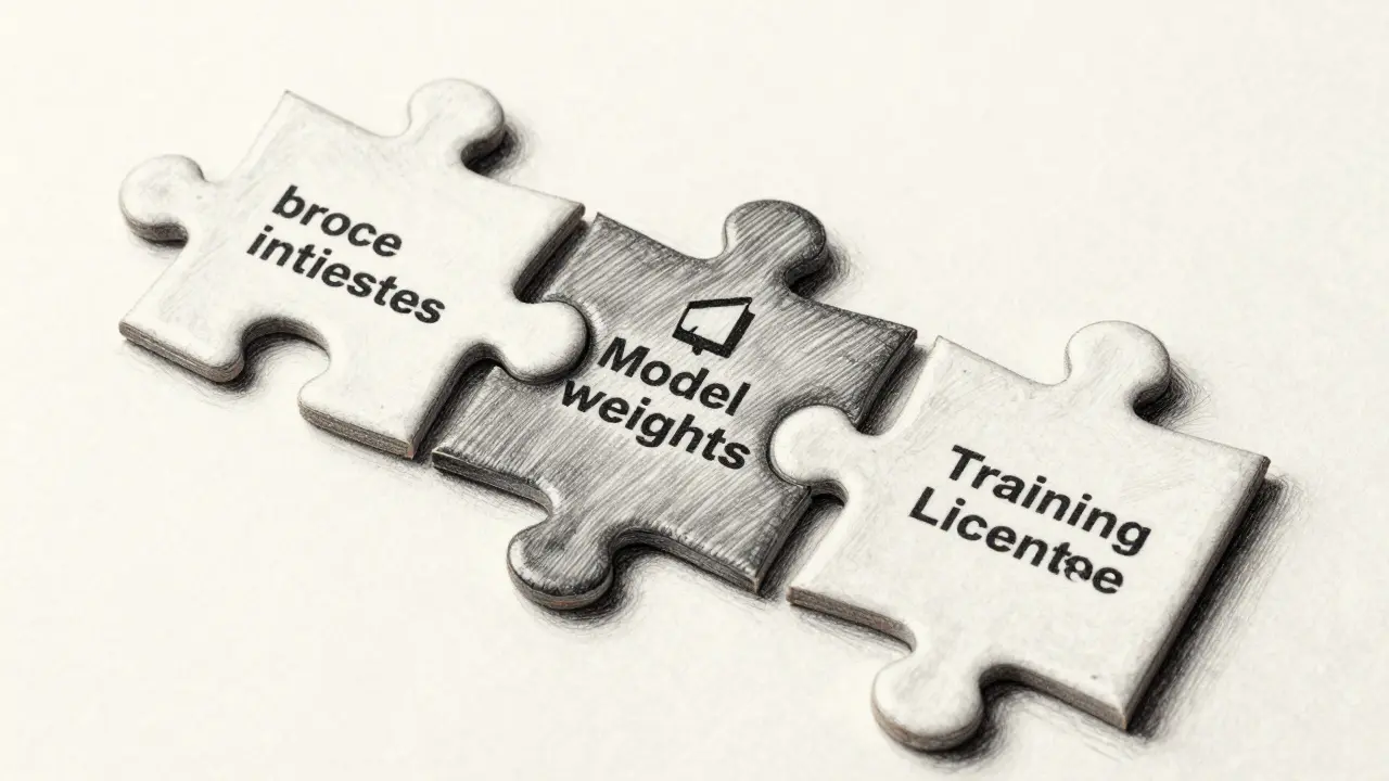 Three mismatched puzzle pieces representing LLM components in metalpoint art