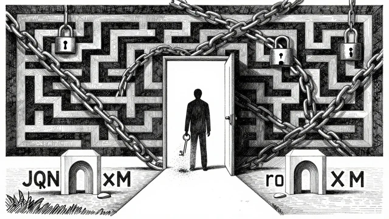A figure holding a dissolving key near a maze of chains and an open path.