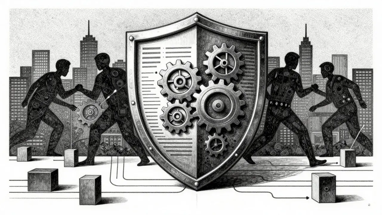 A gear-etched shield protecting a cityscape from shadows and errors