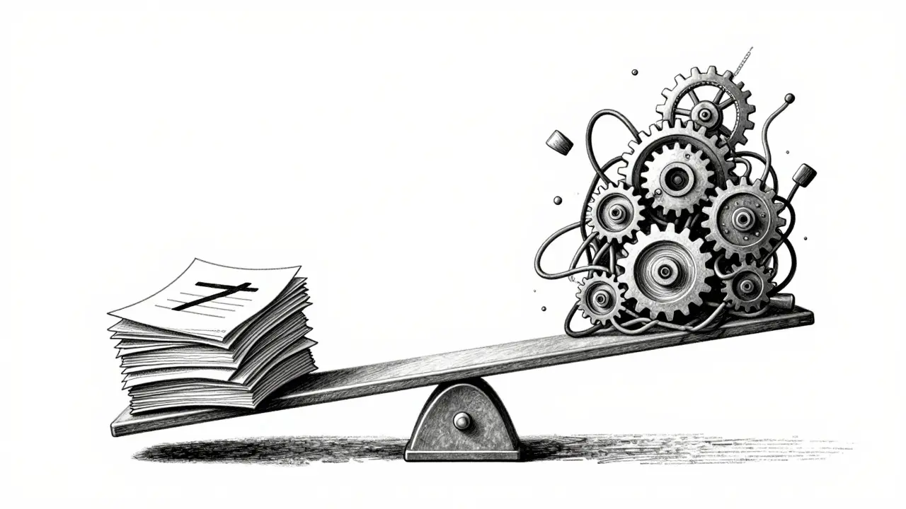 Balance scale showing speed vs technical debt in AI coding, metalpoint style