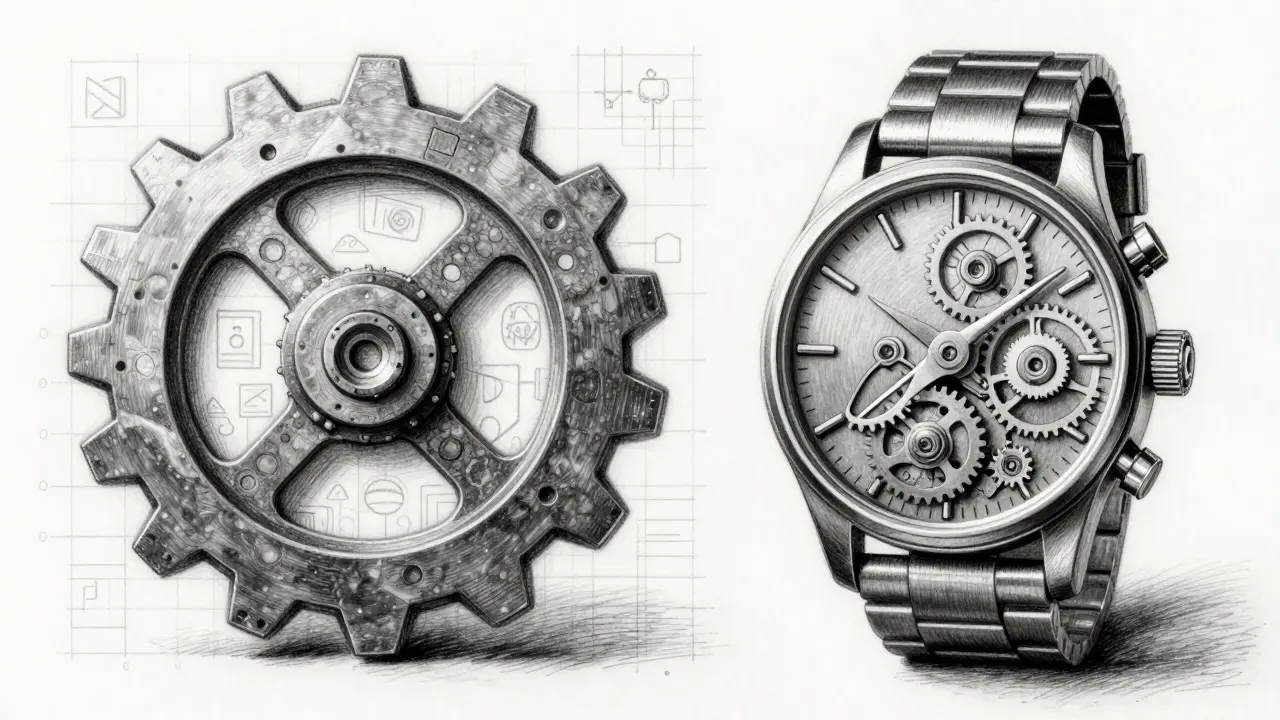 Contrast between a rough industrial gear and a precise watch mechanism.