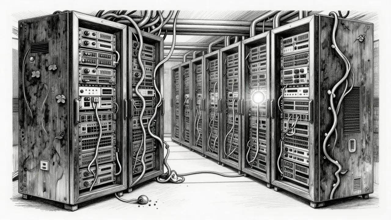 Detailed metalpoint drawing of servers intertwined with data streams and vines