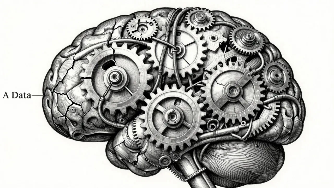 Detailed metalpoint illustration of an AI brain with gears representing embedded biases and flaws.