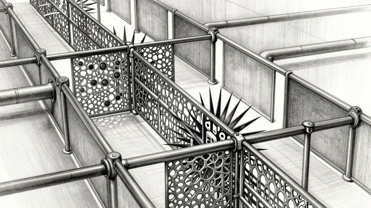 Detailed metalpoint illustration of data filters blocking sensitive information in a pipeline.