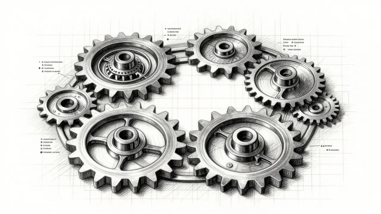 Detailed metalpoint sketch of mechanical gears symbolizing iterative AI optimization loops.