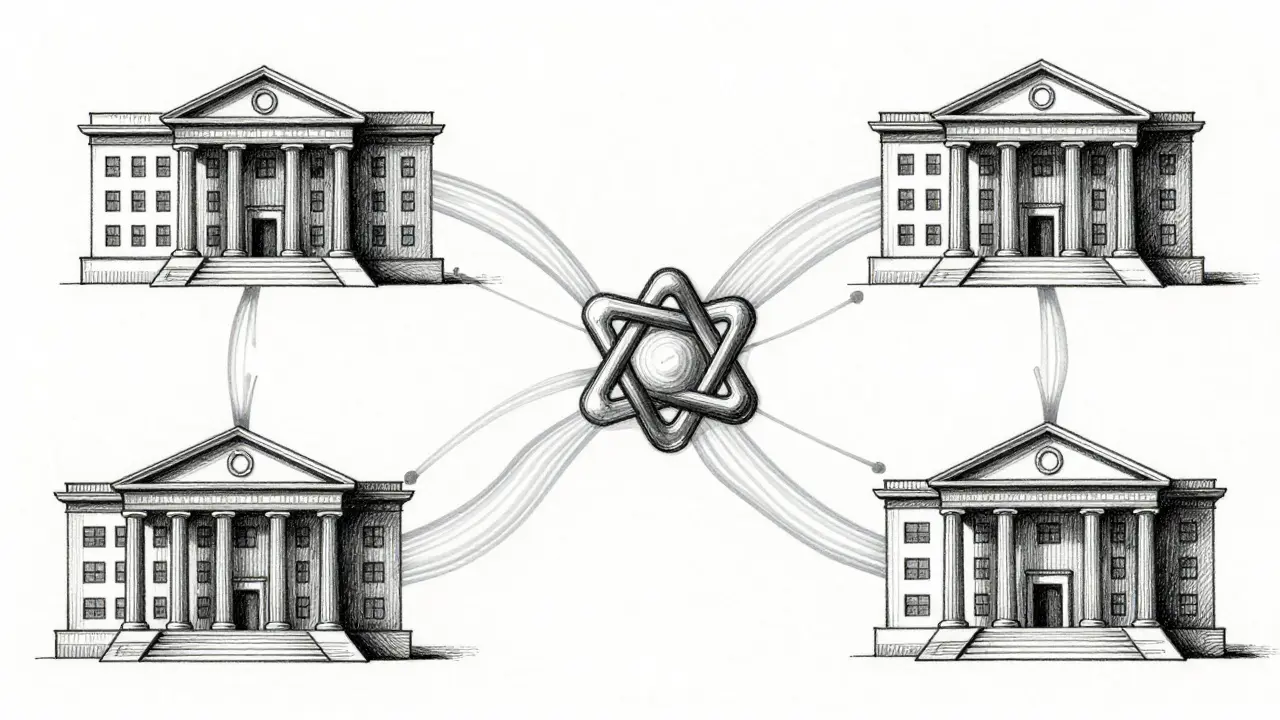 Drawing of decentralized institutions sharing encrypted AI model updates