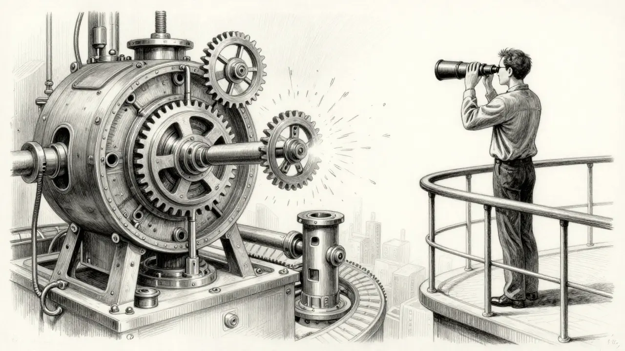 Human supervisor overlooking self-correcting AI machinery in metalpoint style