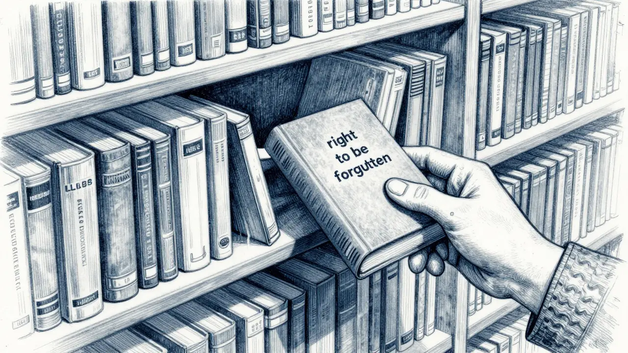 Illustration of a hand removing specific books from an archive to symbolize data deletion.