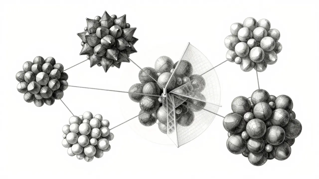 Illustration of ClusterClip method balancing semantic data clusters, removing repetition with precise lines.