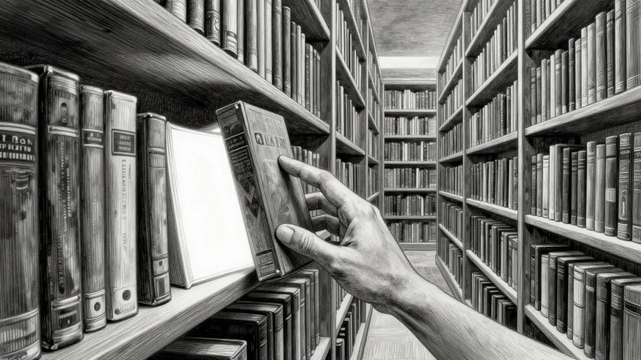 Illustration of MoE architecture: hand selecting few books from vast library shelves