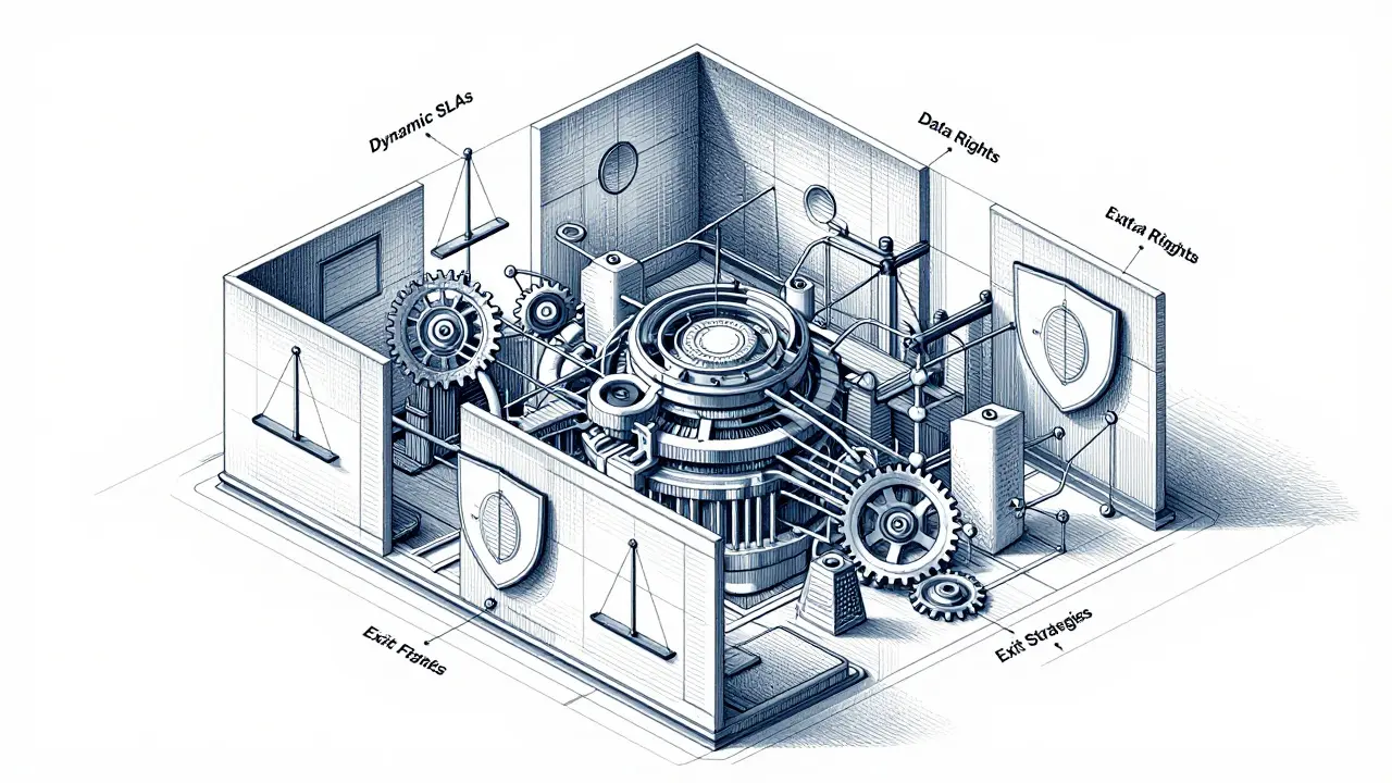 Intricate metalpoint blueprint illustrating the complex structure of modern AI vendor contracts