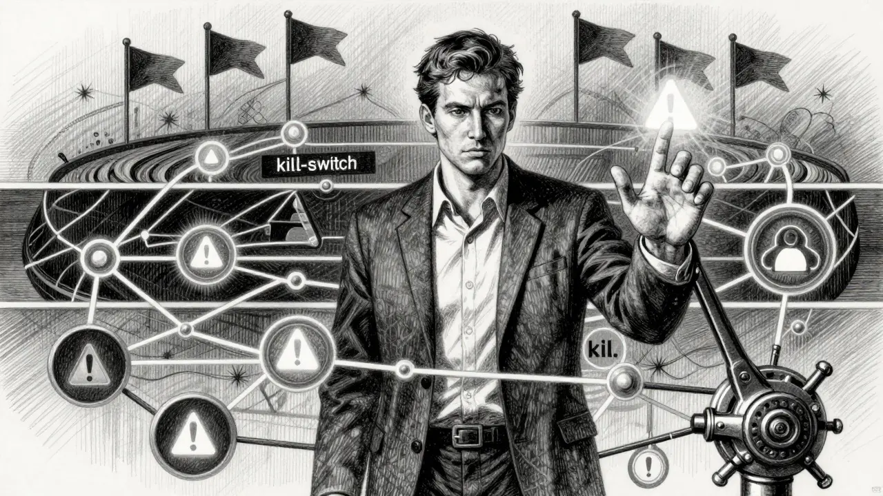 Metalpoint art showing a human activating a kill-switch lever in an AI governance network.