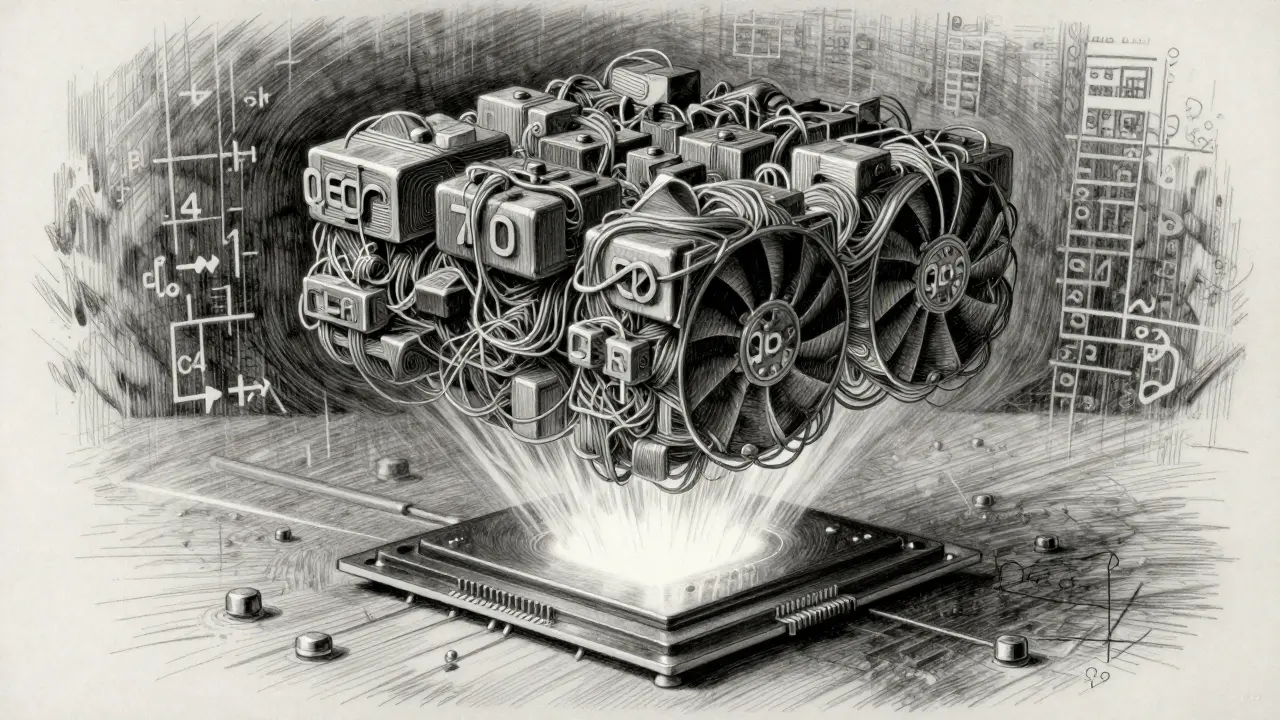 Metalpoint art showing QLoRA compressing a large AI model to fit on a single consumer GPU chip.
