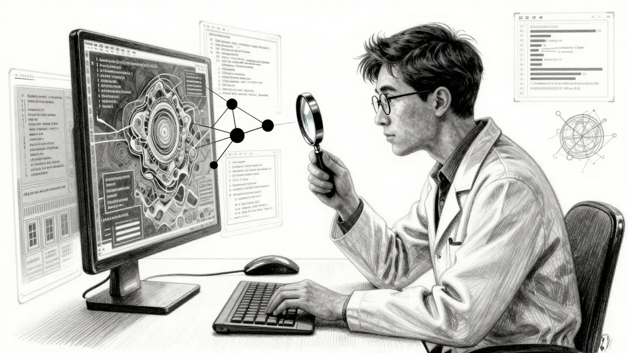Metalpoint drawing of a researcher using a magnifying glass to audit AI code for bias.