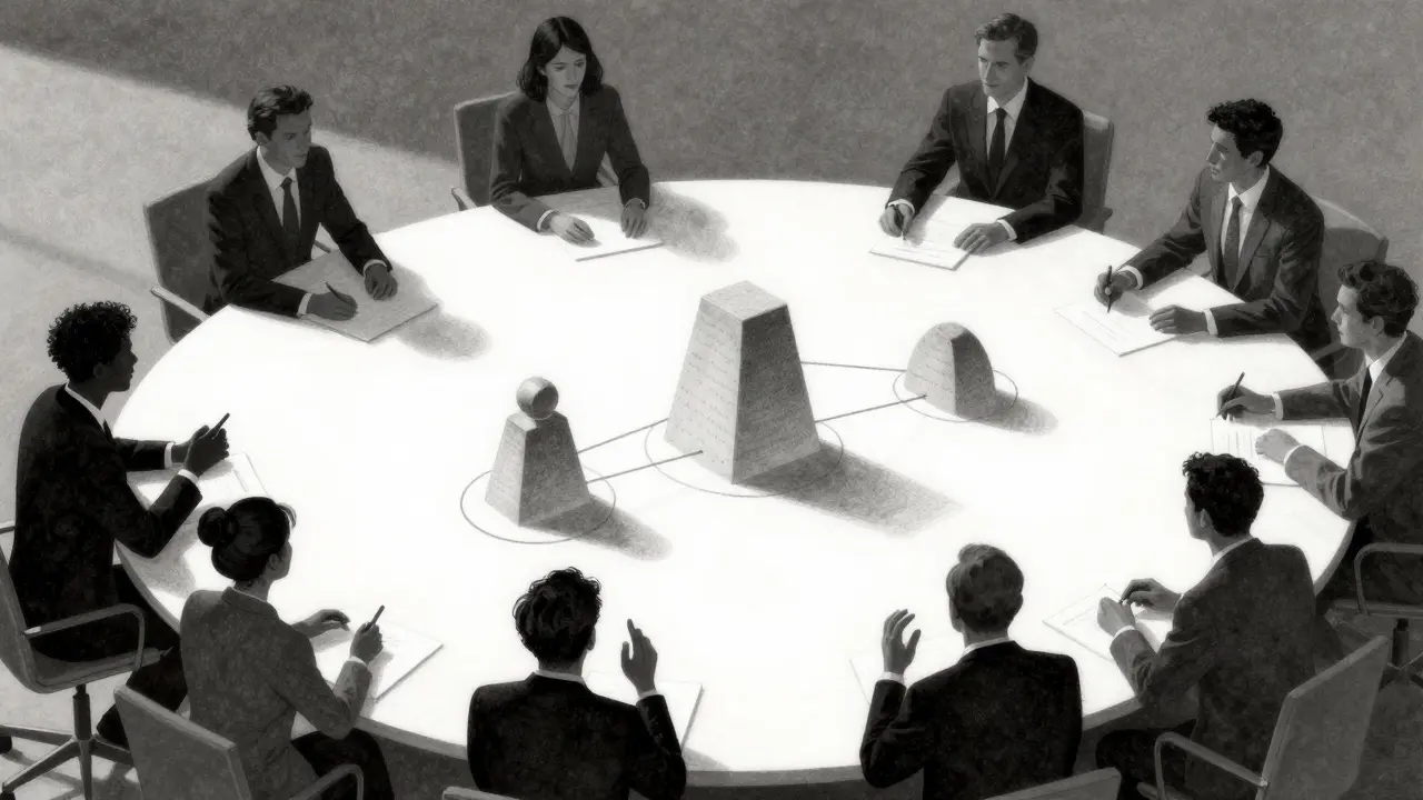 Metalpoint drawing of professionals collaborating around abstract regulatory structures