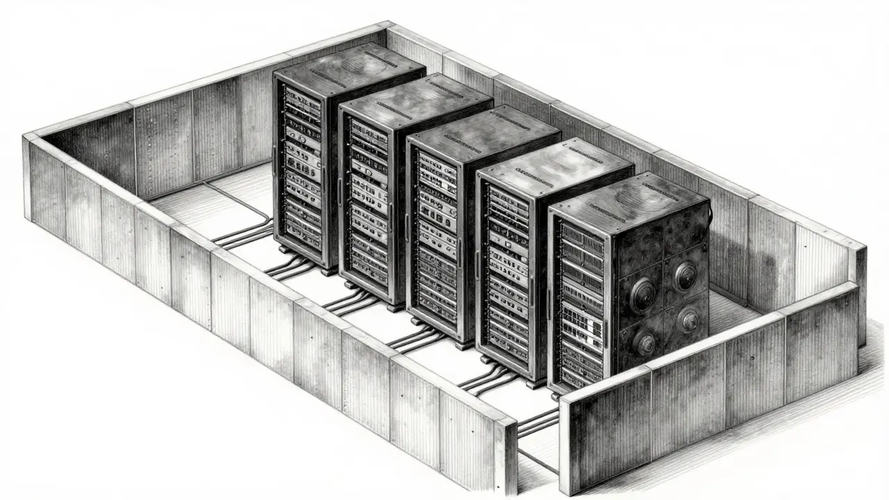 Metalpoint drawing of secure, organized server racks for self-hosted AI models.
