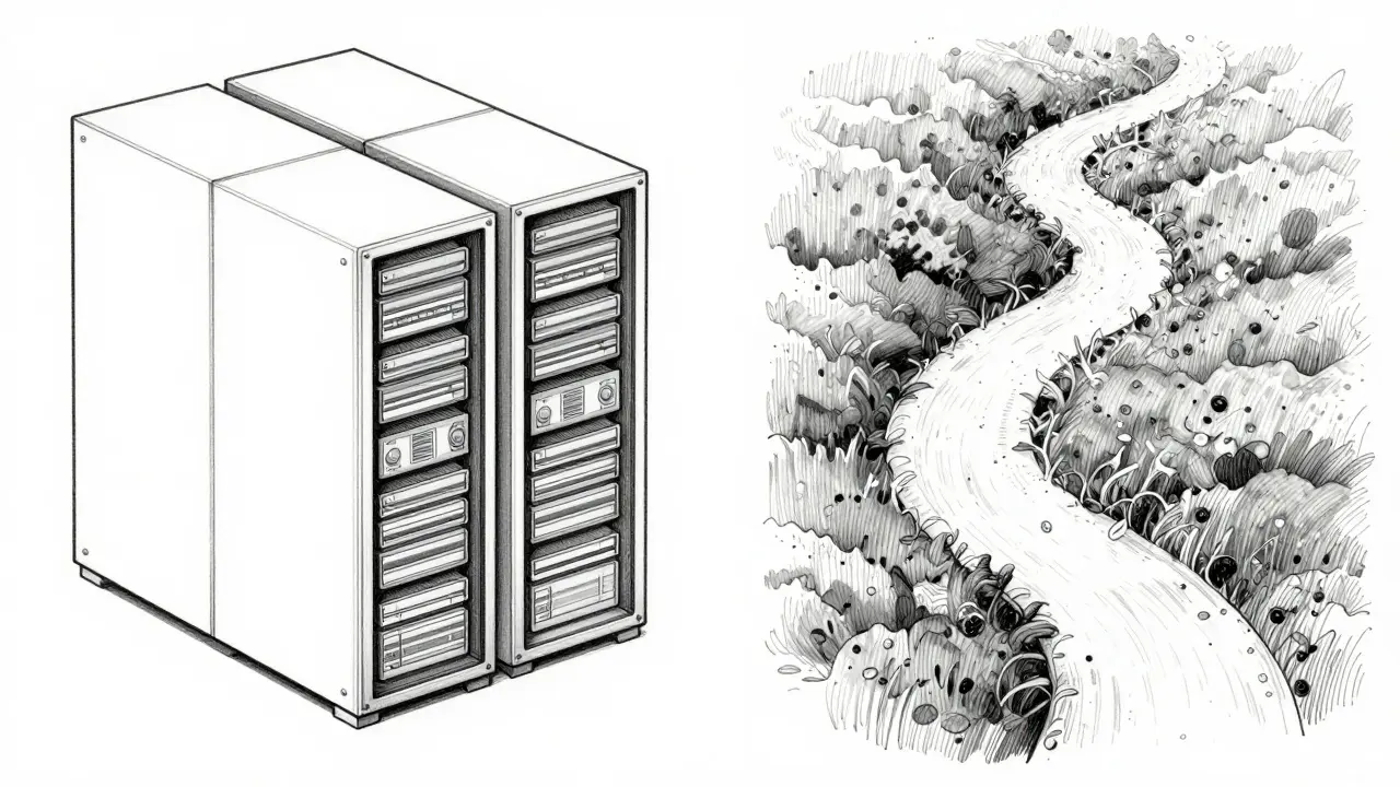 Metalpoint illustration contrasting clean server hardware with noisy client-side network paths.