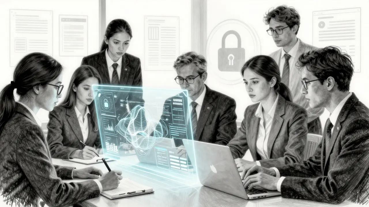 Metalpoint illustration of a cross-functional team analyzing AI performance data together