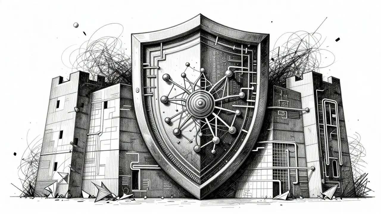 Metalpoint illustration of a geometric shield protecting data from external cyber threats