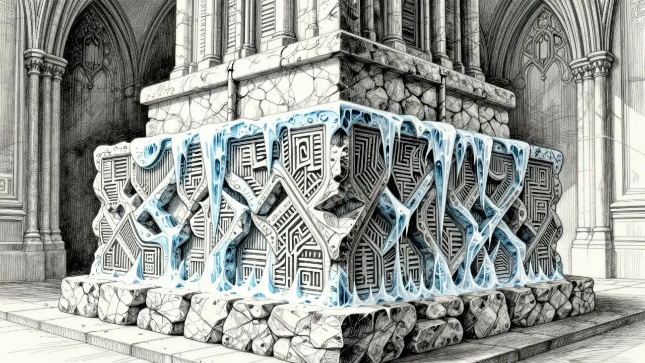 Metalpoint illustration of a layered model with frozen central layers, resembling stone architecture.
