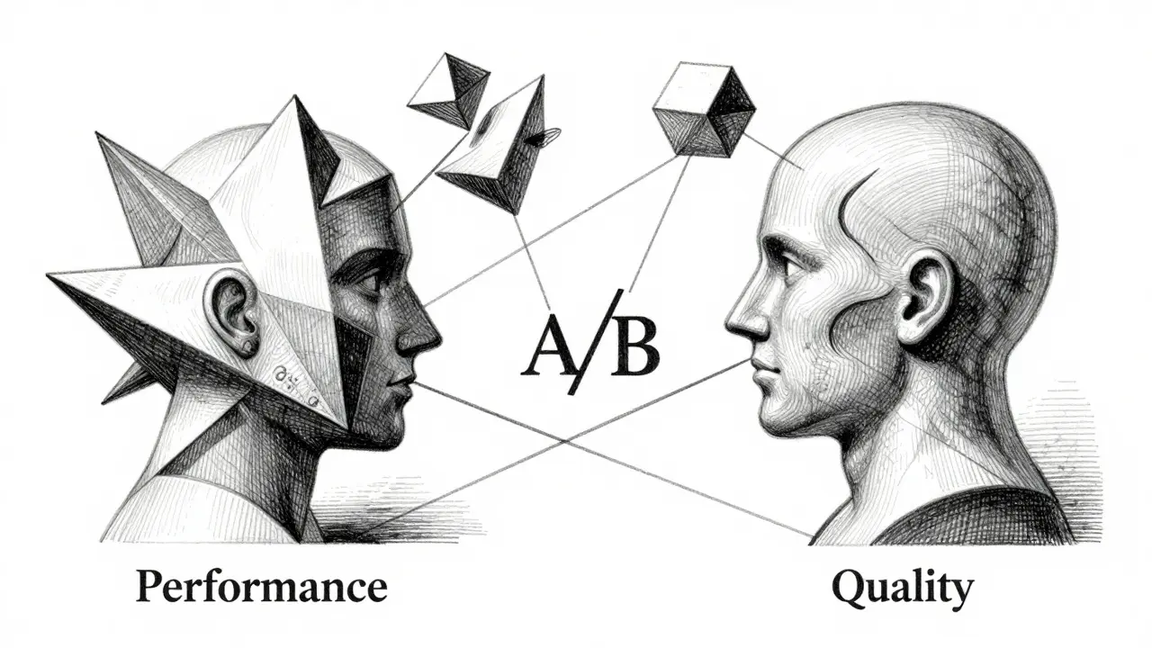 Metalpoint illustration of abstract A/B testing metrics for AI models.