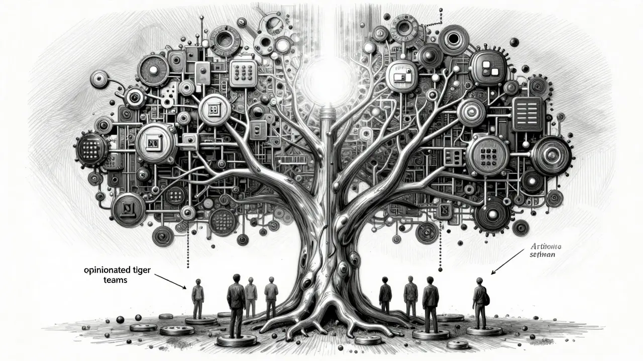 Metalpoint illustration of an evolving AI tree structure growing