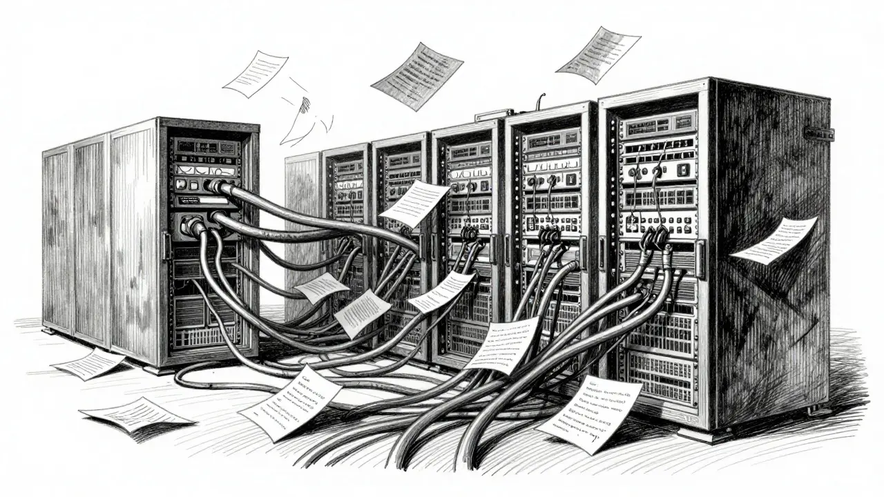 Metalpoint illustration of chaotic servers and tangled cables representing production failures.