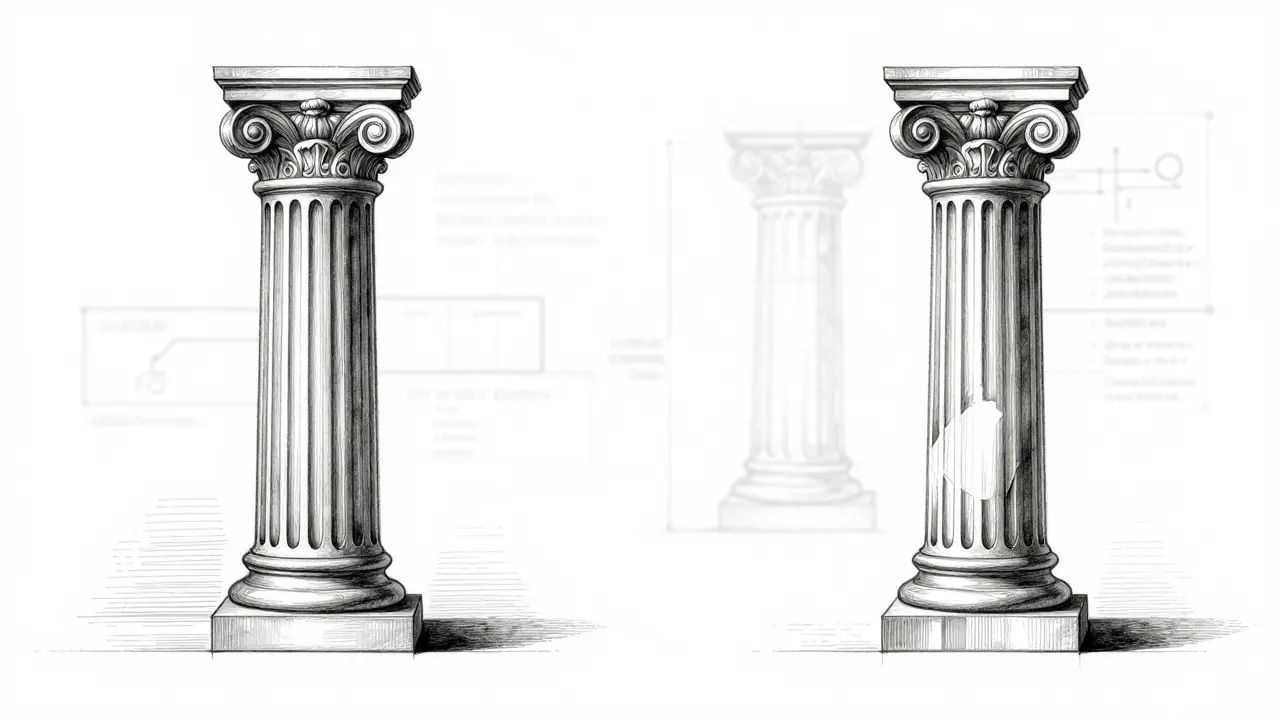 Perfectly shaped column contrasting with hollow interior symbolism
