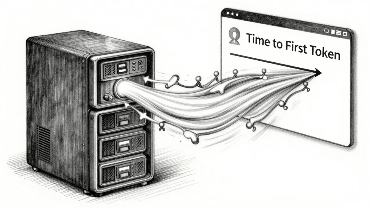 Stream of text tokens flowing rapidly from server to user, illustrating low-latency streaming.