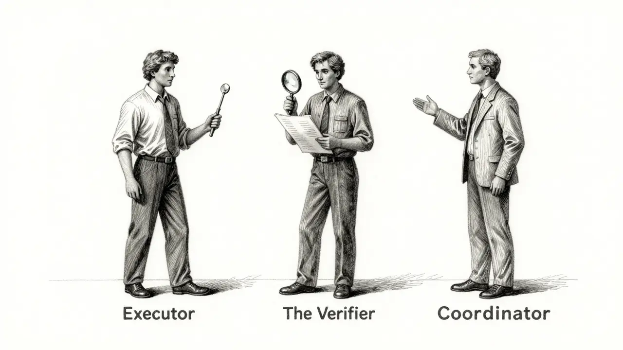 Structured metalpoint illustration of three agents verifying and coordinating tasks