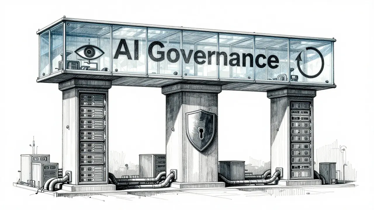 Three pillars of transparency, integrity, and monitoring supporting AI governance structure