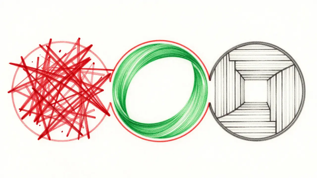 Triptych showing Red-Green-Refactor cycle with geometric shapes in metalpoint.