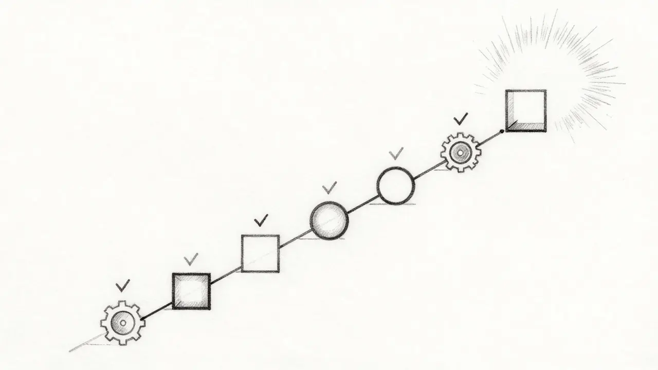 A structured staircase of geometric shapes leading upward, representing step-by-step AI thought processes.