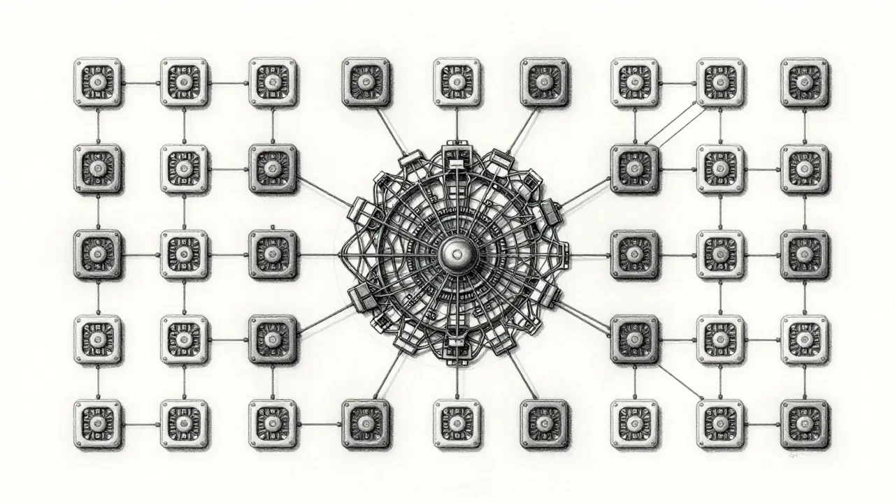 Abstract metalpoint art showing sharded data distributed across GPUs.