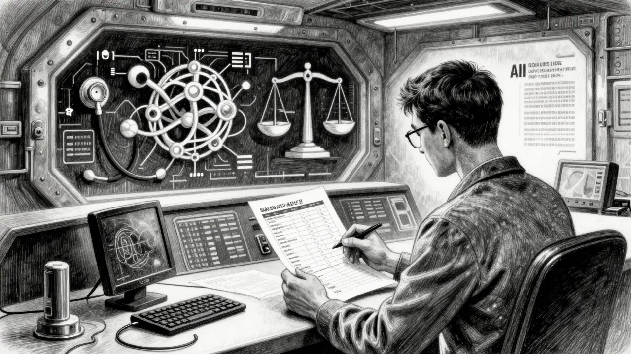 Analyst reviewing audit trails in a secure AI compliance environment