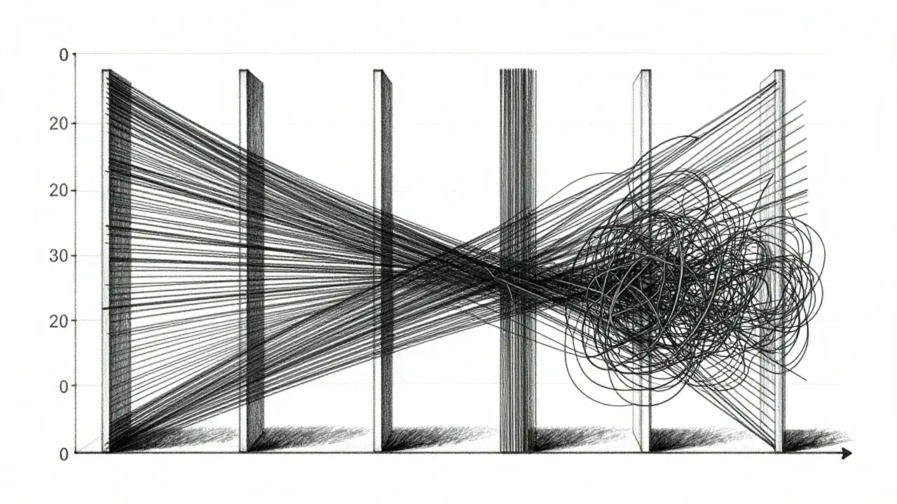 Complex metalpoint drawing of intersecting parallel coordinates