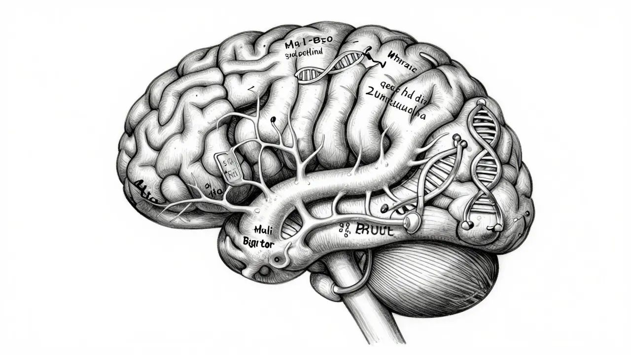 Detailed metalpoint drawing of a brain with medical symbols