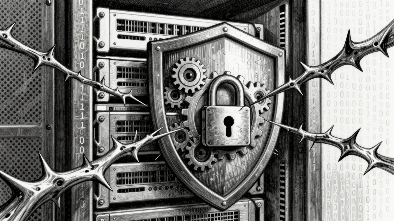 Detailed metalpoint illustration of digital shields protecting server hardware from jagged, malicious code spikes.