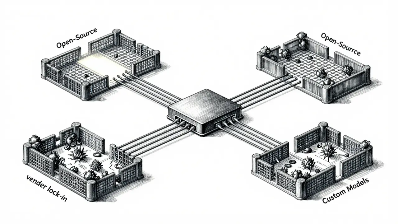 Detailed metalpoint sketch of data routing system balancing API and custom model usage
