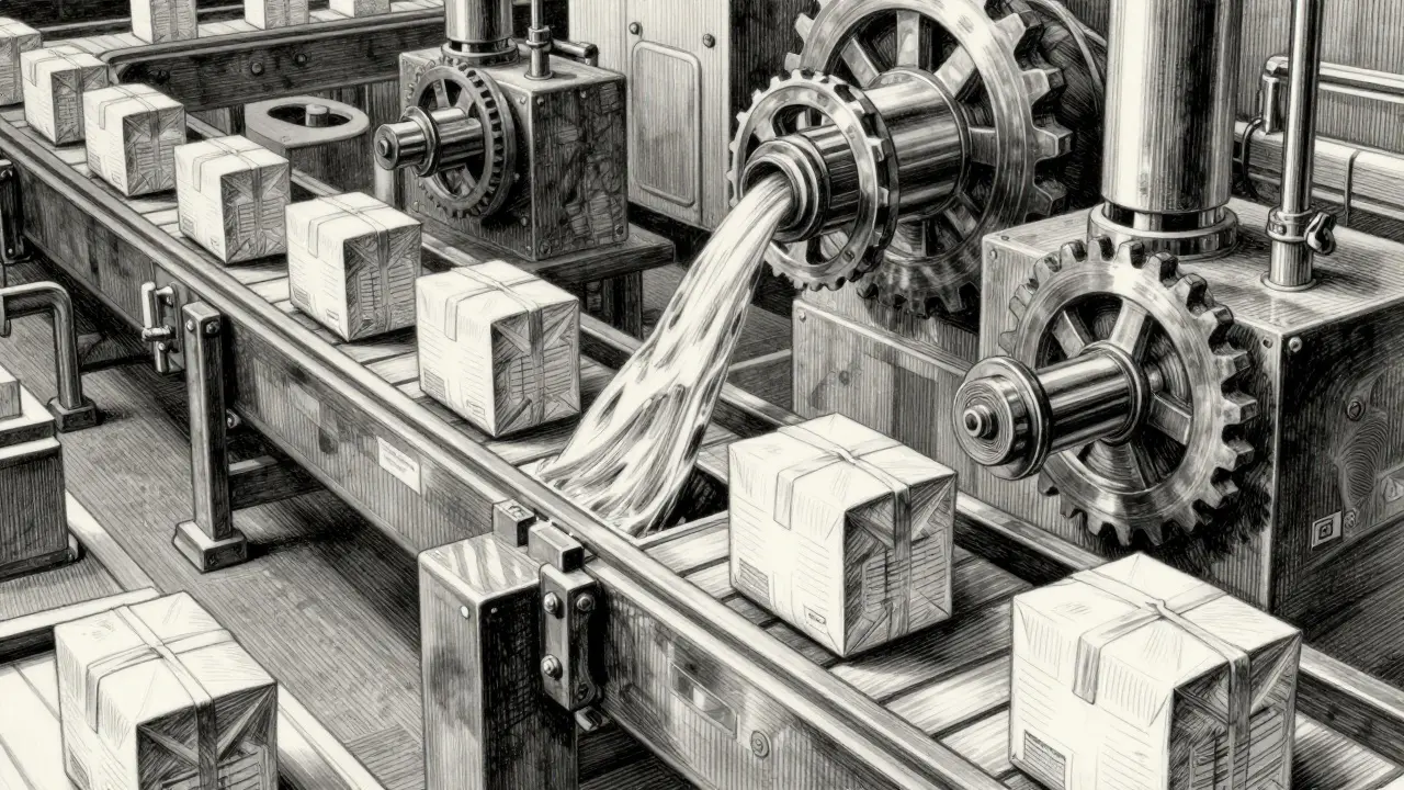 Dynamic conveyor belt with sliding packages, visualizing continuous batching for GPU utilization.