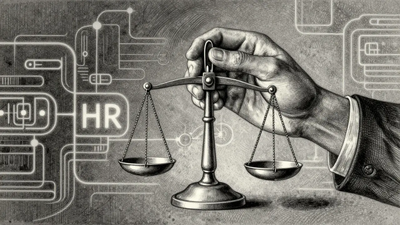 Human hand balancing scales against abstract data symbols for ethics