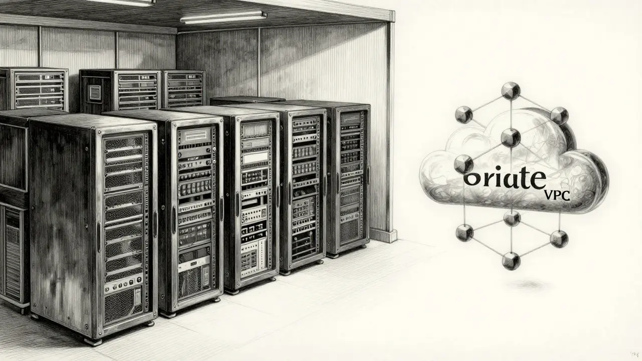 Illustration comparing heavy on-premise servers with lightweight private cloud nodes.