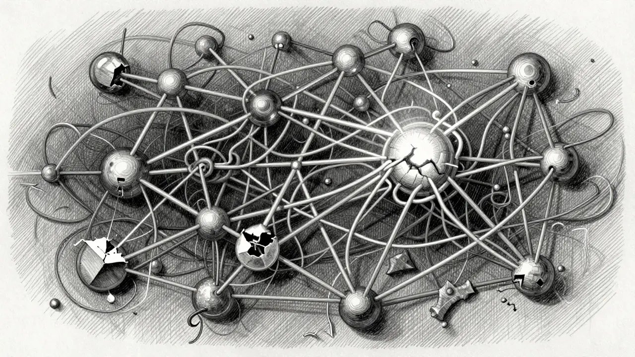 Intricate web of nodes showing AI prediction errors and fraying connections