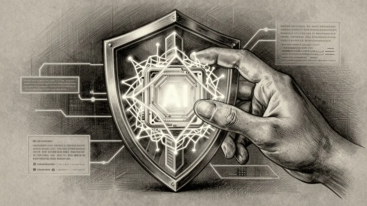 Metalpoint art showing a human hand shielding a stabilizing AI core.