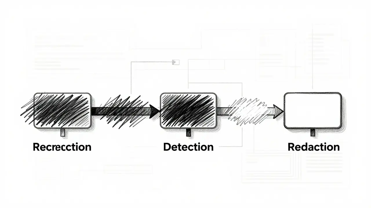 Metalpoint drawing of a data pipeline transforming sensitive info into safe placeholders