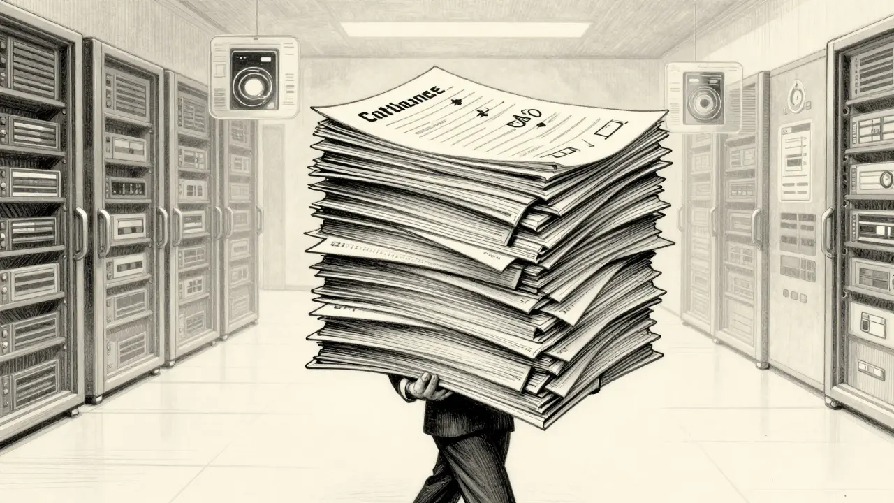 Metalpoint drawing of a person burdened by heavy compliance paperwork and costs.