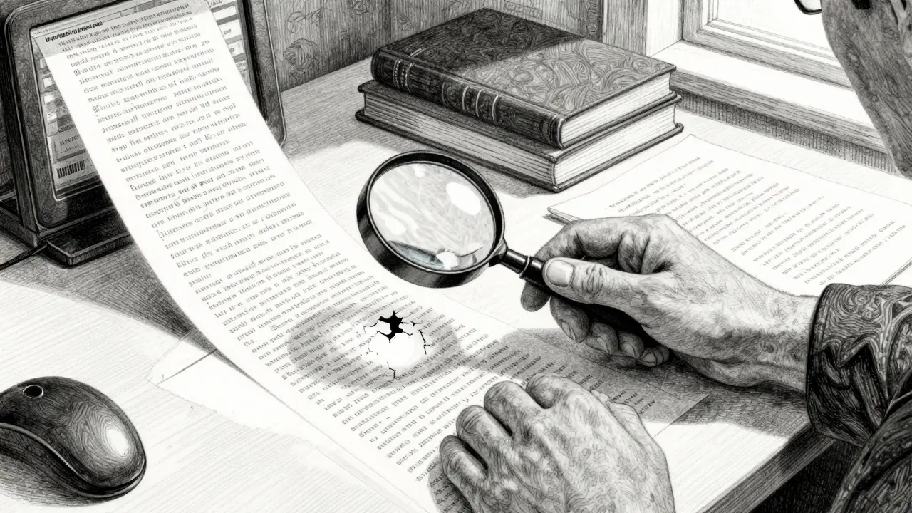 Metalpoint drawing of a user verifying AI output with physical documents